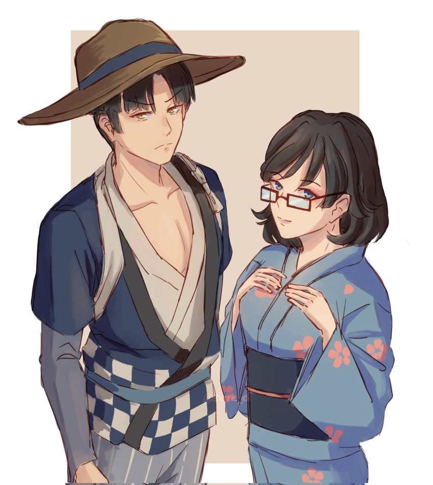 1boy 1girl arm_at_side black_hair black_sash blue_eyes border brown-framed_eyewear brown_eyes brown_headwear closed_mouth collarbone commentary cowboy_shot curtained_hair english_commentary frown genshin_impact glasses grey_pants hands_on_own_chest hat highres kama_(genshin_impact) light_smile long_sleeves looking_at_viewer looking_over_eyewear obi outside_border pants pectoral_cleavage pectorals purple_background rectangular_eyewear sanpaku sash shennie_idk short_hair simple_background sketch sumida_(genshin_impact) upper_body white_border wide_sleeves