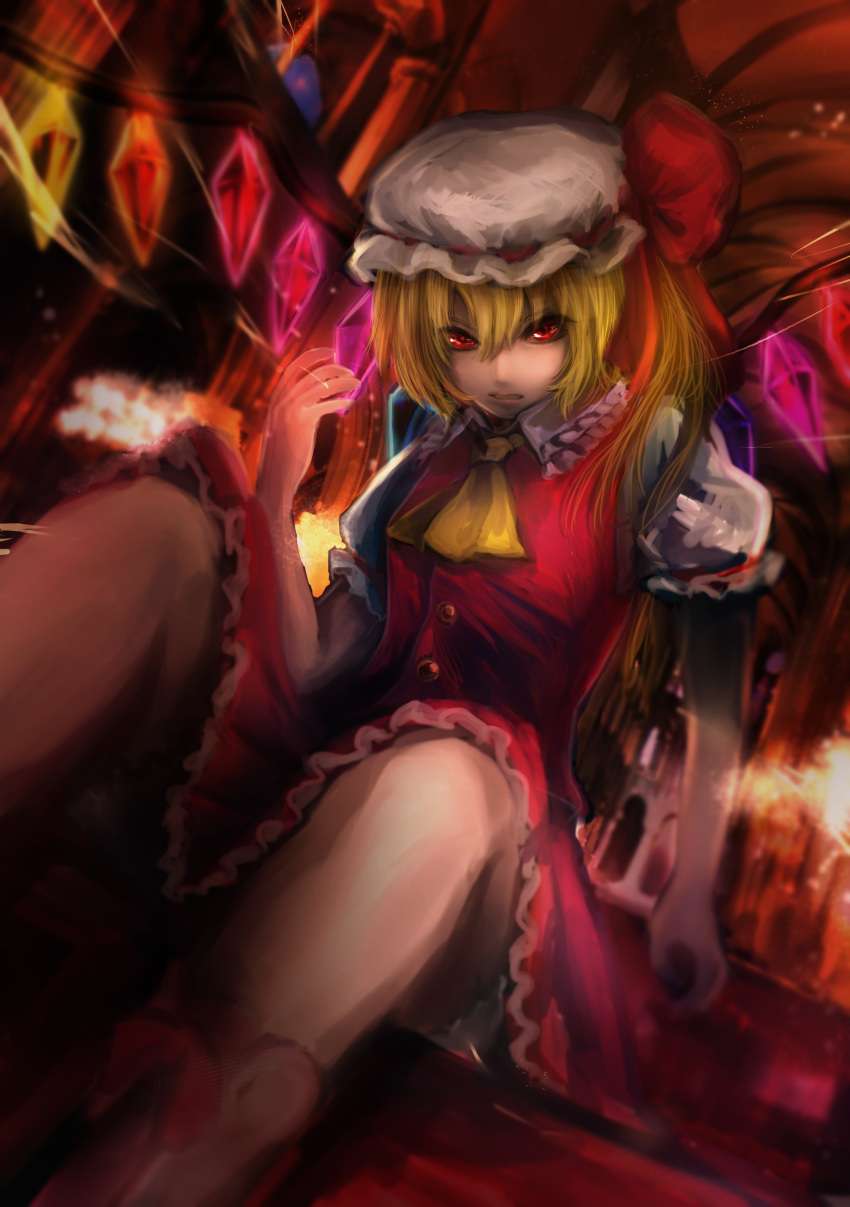 1girl absurdres ascot blonde_hair breasts buttons clenched_teeth collared_shirt crystal ekisutora feet_out_of_frame flandre_scarlet frilled_shirt_collar frilled_skirt frilled_sleeves frills glowing glowing_wings hair_between_eyes hat highres indoors looking_at_viewer medium_hair mob_cap multicolored_wings one_side_up puffy_short_sleeves puffy_sleeves red_eyes red_ribbon red_skirt red_theme red_vest ribbon ribbon-trimmed_headwear ribbon_trim shirt short_sleeves skirt sleeve_ribbon small_breasts solo teeth touhou vest white_headwear white_shirt wings yellow_ascot