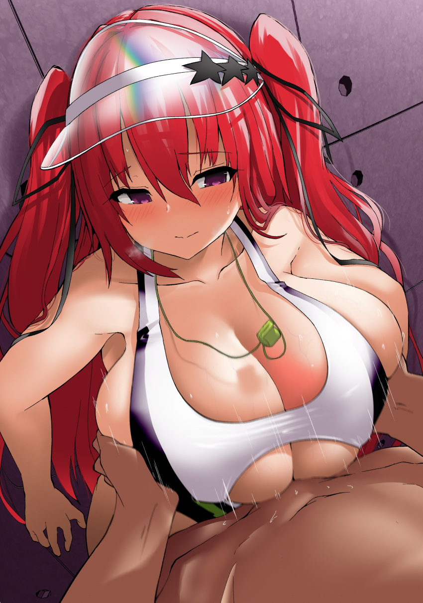 1boy 1girl absurdres akure_ekuto blush breasts cleavage closed_mouth clothed_female_nude_male commentary_request commission hair_between_eyes hat_ornament highres huge_breasts long_hair looking_at_viewer motion_lines naruse_mio nude paizuri pov purple_eyes red_hair shinmai_maou_no_testament skeb_commission solo_focus star_(symbol) star_hat_ornament sweat transparent_headwear two_side_up variant_set visor_cap whistle whistle_around_neck