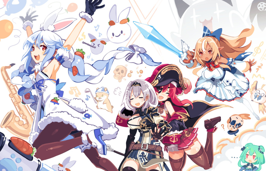 ... 5girls anchor_symbol animal_ear_fluff animal_ears ankle_boots armor balloon belt bird black_gloves blue_bow blue_dress blue_hair blush boots bow braid breasts brown_belt brown_footwear carrot_hair_ornament cleavage cleavage_cutout clothing_cutout coat coat_dress creature dan'in-san_(shirogane_noel) detached_sleeves don-chan_(usada_pekora) double_bun dress elfriend_(shiranui_flare) fang fingerless_gloves food-themed_hair_ornament fubuzilla_(shirakami_fubuki) fur-trimmed_dress fur-trimmed_gloves fur_trim gloves green_hair grey_hair hair_bow hair_bun hair_ornament hamster hat highres holding holding_sword holding_weapon hololive hololive_fantasy houshou_marine houshou_marine_(1st_costume) kasumi_koujou long_hair miniskirt mole mole_on_breast multicolored_hair multiple_girls musical_note neck_ribbon off_shoulder open_mouth orange_eyes pantyhose pekomon_(usada_pekora) pirate_hat pleated_skirt ponytail puffy_detached_sleeves puffy_short_sleeves puffy_sleeves rabbit_ears rabbit_girl rabbit_tail red_eyes red_hair red_ribbon red_skirt ribbon shiranui_flare shiranui_flare_(1st_costume) shirogane_noel shirogane_noel_(1st_costume) short_hair short_sleeves skin_fang skirt skull smile streaked_hair sword tail teeth thick_eyebrows thighhighs tiara treble_clef twin_braids twintails two-tone_hair upper_teeth_only uruha_rushia uruha_rushia_(1st_costume) usada_pekora usada_pekora_(1st_costume) very_long_sleeves virtual_youtuber weapon white_background white_dress white_footwear white_hair