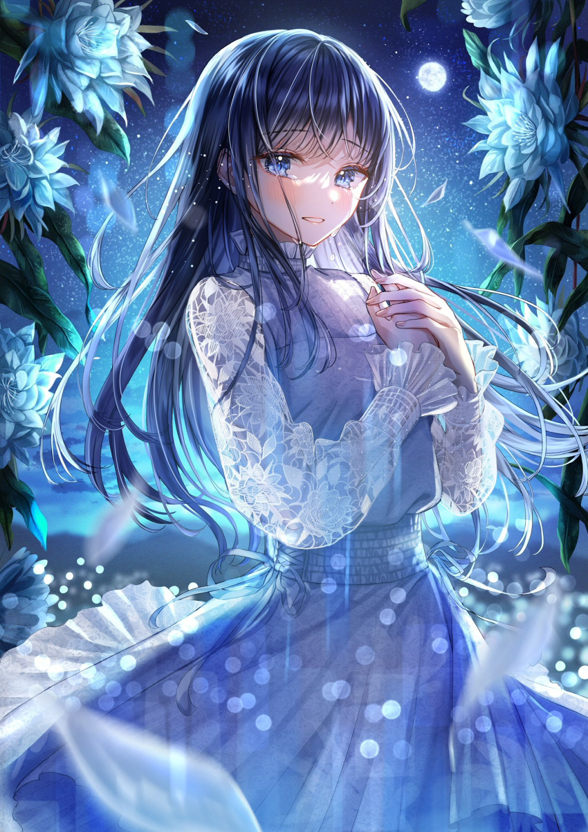 1girl black_hair blue_dress blue_eyes blue_flower blue_theme blurry blurry_background bokeh commentary_request crossed_bangs depth_of_field dress flower full_moon highres light_particles long_hair long_sleeves moon night night_sky original own_hands_together parted_bangs parted_lips sakura_(39ra) sky solo star_(sky) starry_sky teardrop tearing_up turtleneck_dress upper_body