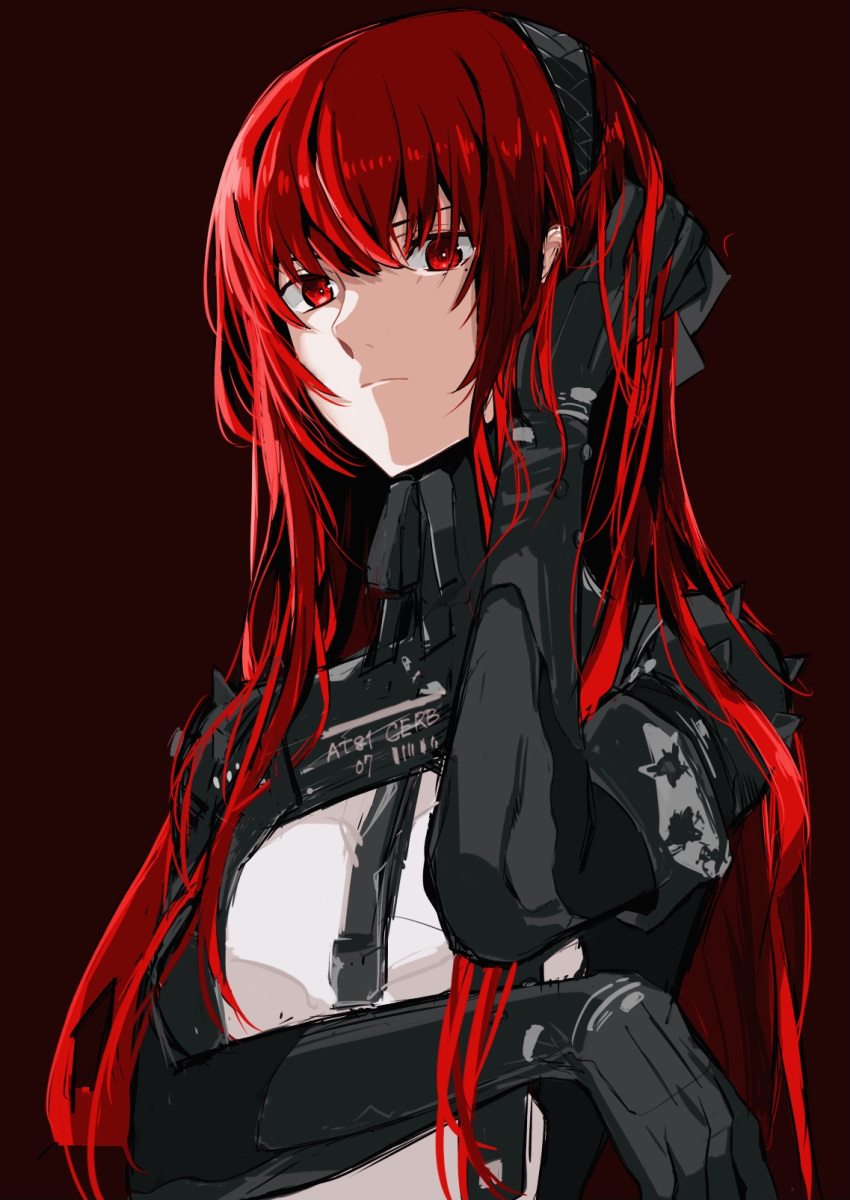 1girl adjusting_hair armband barcode black_armband black_gloves black_hairband bodysuit emblem gloves hairband highres hikachil long_hair looking_at_viewer mole mole_under_eye print_armband punishing:_gray_raven red_background red_eyes red_hair shoulder_pads simple_background solo upper_body vera:_rozen_(punishing:_gray_raven) vera_(punishing:_gray_raven) white_bodysuit