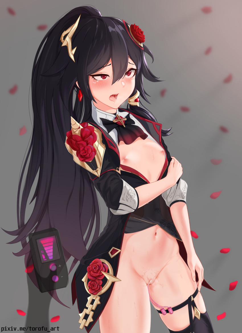 1girl absurdres alternate_costume belly black_hair black_thighhighs blush breasts clenched_hands closed_mouth cum dress flower fu_hua fu_hua_(blood_voivode) fu_hua_(shadow_knight) garter_straps hair_between_eyes hair_flower hair_ornament high_ponytail highres honkai_(series) honkai_impact_3rd long_hair long_sleeves looking_at_viewer navel nipples official_alternate_costume ponytail pussy red_eyes red_flower rose small_breasts solo thighhighs thighs torofu vampire watermark web_address