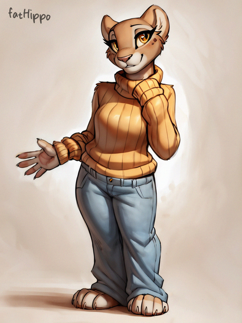 amara anthro bottomwear clothed clothing denim denim_bottomwear denim_clothing fathippo felid female hi_res jeans lion mammal pantherine pants solo yellow