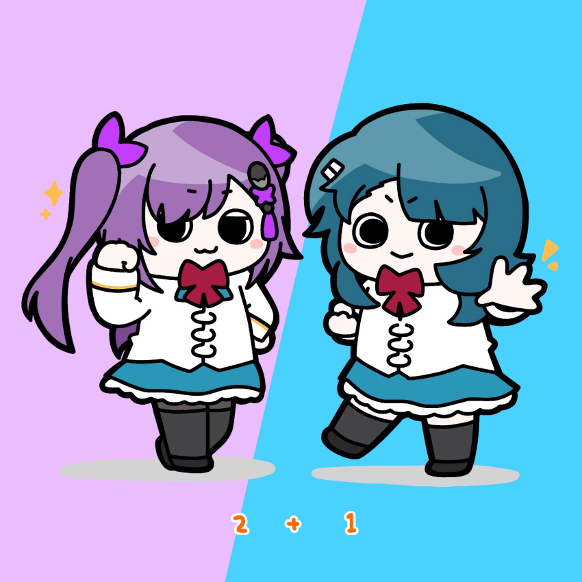 &gt;:) 2girls :&gt; :3 aizawa_kazuha assault_lily asymmetrical_hair black_footwear black_thighhighs blue_background blue_hair blue_skirt blush bow bowtie brown_pantyhose chibi closed_mouth commentary full_body hair_flip hair_ornament hair_ribbon hairclip half-closed_eyes hand_on_own_hip hands_up heel_up herensuge_girls_academy_school_uniform highres jacket konpeitoull_(c12h22o11_tr_6) leg_up long_hair long_sleeves looking_at_viewer math matsumura_fuuka medium_hair miniskirt multiple_girls notice_lines open_hand outstretched_arm pantyhose purple_background purple_hair purple_ribbon red_bow red_bowtie ribbon school_uniform shoes skirt smile solid_circle_eyes sparkle standing standing_on_one_leg tassel tassel_hair_ornament thighhighs thighhighs_over_pantyhose twintails two-tone_background v-shaped_eyebrows white_jacket