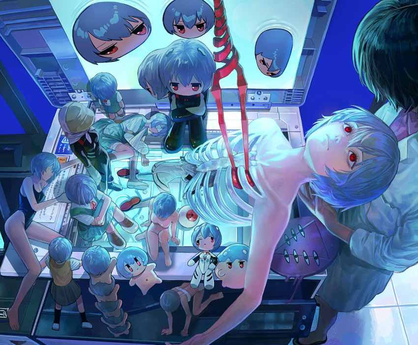 6+girls abstract aged_down aqua_skirt ass asymmetrical_eyes ayanami_rei bandaged_arm bandaged_leg bandages bandages_over_eyes barefoot black_bodysuit black_hair black_one-piece_swimsuit black_socks blue_hair bodysuit bra breasts chibi clone completely_nude evangelion:_3.0+1.0_thrice_upon_a_time expressionless eyeball faceless faceless_female feet hair_between_eyes hat head_scarf highres ikari_yui ikuta41 interface_headset lab_coat lance_of_longinus_(evangelion) lilith_(evangelion) looking_at_another looking_down multiple_girls neck_ribbon neon_genesis_evangelion nude one-piece_swimsuit panties photocopier pilot_suit plugsuit rebuild_of_evangelion red_eyes red_ribbon ribbon ribs school_swimsuit school_uniform science_fiction seele_(evangelion) shirt short_hair size_difference skirt socks standing straw_hat surreal swimsuit through_screen time_paradox tokyo-3_middle_school_uniform underwear underwear_only white_bodysuit white_bra white_footwear white_headwear white_panties white_shirt
