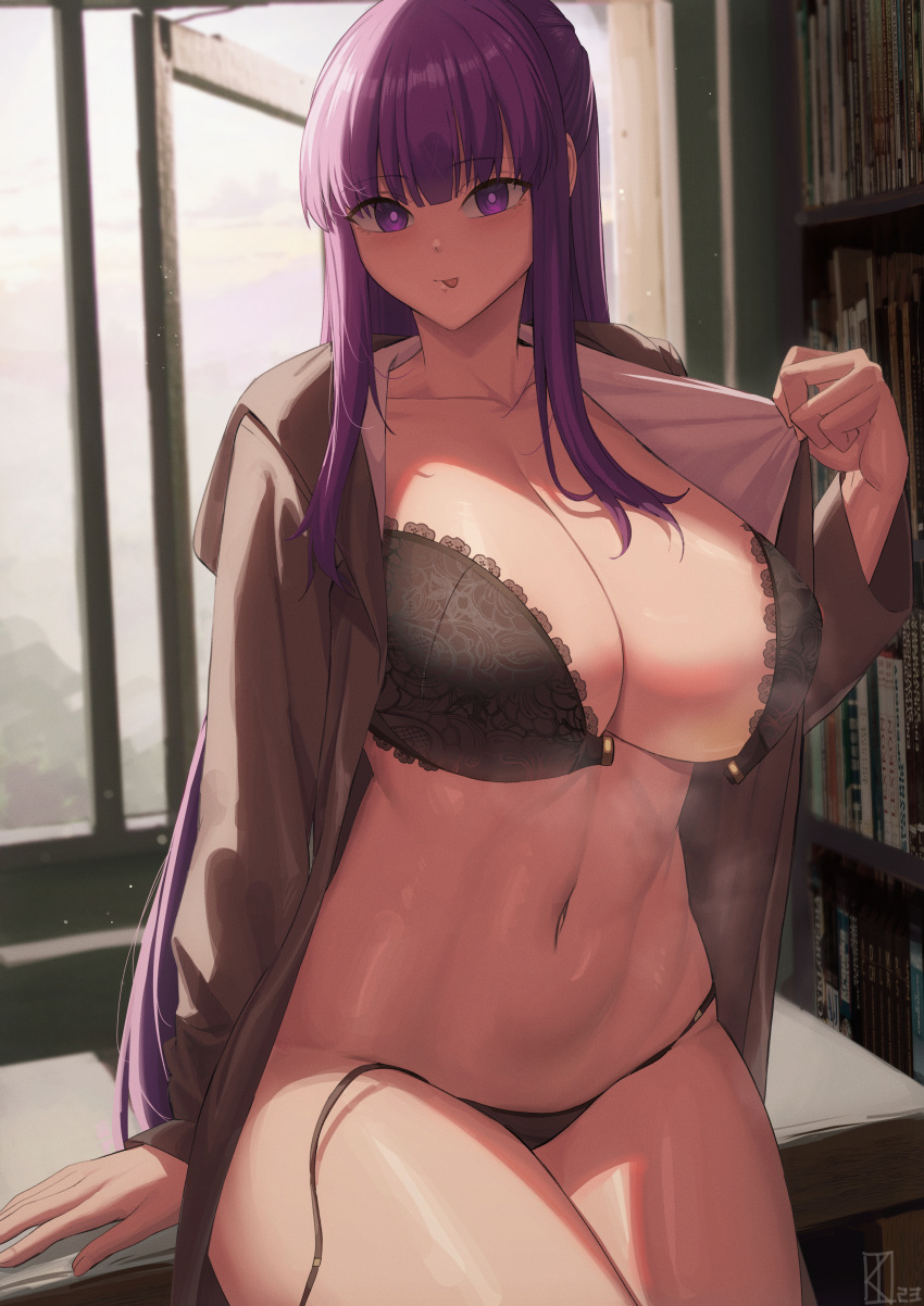 1girl absurdres black_bra black_panties bookshelf bra breasts closed_mouth curvy fern_(sousou_no_frieren) highres indoors kakeku large_breasts long_hair looking_at_viewer panties purple_eyes purple_hair side-tie_panties solo sousou_no_frieren underwear untied_panties very_long_hair window