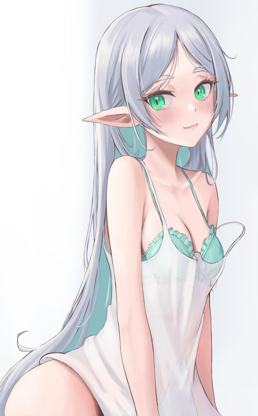 1girl absurdres alternate_costume blush bra breasts closed_mouth collarbone commentary dress elf facing_viewer frieren green_bra green_eyes grey_hair highres long_hair looking_ahead off_shoulder pointy_ears see-through see-through_dress simple_background sleepwear small_breasts smile solo sousou_no_frieren underline_(yuki154cm) underwear upper_body white_background white_dress
