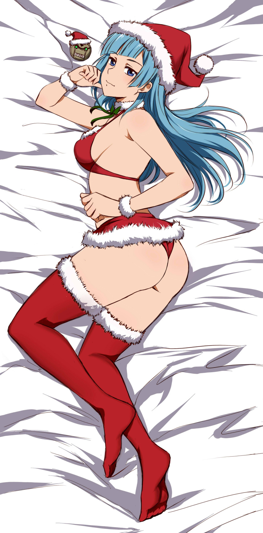 1girl absurdres alternate_costume ass bed_sheet bikini blue_eyes blue_hair blunt_bangs bow bowtie box_wonderland breasts character_charm charm_(object) closed_mouth diagonal_bangs elbow_rest english_commentary from_above full_body fur-trimmed_bikini fur-trimmed_legwear fur_collar fur_trim green_bow green_bowtie hat head_rest highres jujutsu_kaisen light_blue_hair light_smile long_hair looking_at_viewer lying medium_breasts miwa_kasumi muta_kokichi on_side red_bikini red_headwear red_thighhighs santa_bikini santa_costume santa_hat sideboob solo swimsuit thighhighs