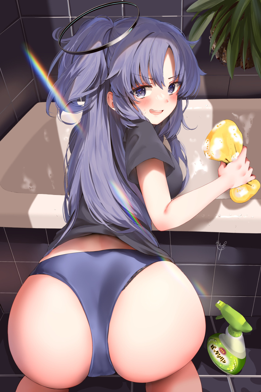 1girl absurdres ass bathroom bathtub black_halo black_panties black_shirt blue_archive blue_buruma blue_eyes blue_hair blush buruma cleaning commentary_request from_behind half_updo halo highres holding holding_sponge long_hair looking_at_viewer mechanical_halo narushima_kanna nervous_smile official_alternate_costume official_alternate_hairstyle panties panties_under_buruma panty_peek parted_bangs plant shirt smile solo sponge tile_wall tiles underwear v-shaped_eyebrows yellow_sponge yuuka_(blue_archive) yuuka_(track)_(blue_archive)