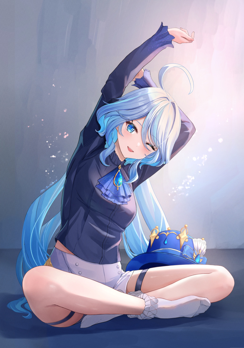 1girl ;d absurdres ahoge arms_up blue_eyes blue_hair blue_headwear blush brooch commentary_request furina_(genshin_impact) genshin_impact hat highres jewelry long_hair long_sleeves looking_at_viewer mitsukayurie one_eye_closed shorts sitting smile socks solo thigh_strap thighs unworn_hat unworn_headwear white_shorts white_socks