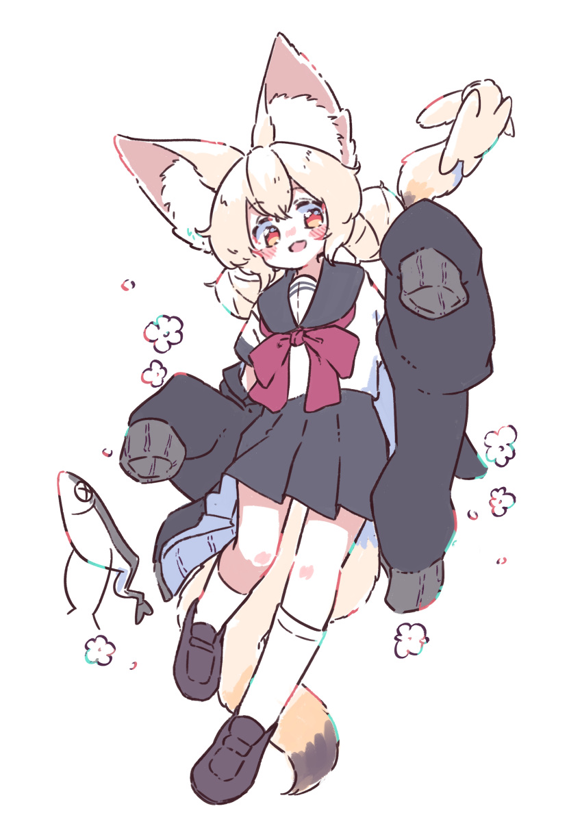 1girl :3 absurdres animal_ears black_jacket black_sailor_collar black_skirt blonde_hair blush bow brown_footwear commentary_request double_bun fennec_fox fish fox_ears fox_girl fox_tail full_body hair_bun highres jacket large_ears long_sleeves medium_hair megateru miniskirt off_shoulder open_clothes open_jacket open_mouth original pleated_skirt puffy_long_sleeves puffy_sleeves red_bow red_eyes sailor_collar school_uniform serafuku shirt simple_background skirt sleeves_past_fingers sleeves_past_wrists socks standing standing_on_one_leg tail white_background white_shirt white_socks x_x