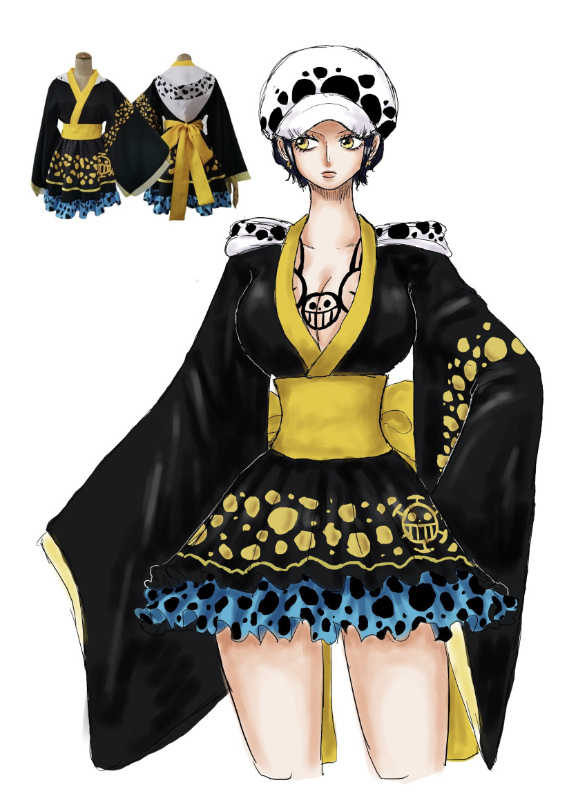 1girl absurdres alternate_costume animal_print black_hair black_kimono breasts chest_tattoo cleavage closed_mouth cowboy_shot earrings eyelashes genderswap genderswap_(mtf) highres japanese_clothes jewelry kimono kimono_dress leopard_print looking_to_the_side miniskirt namnam_op obi oda_eiichirou_(style) one_piece photo_inset sash serious short_hair simple_background skirt sleeves_past_fingers sleeves_past_wrists smiley_face tattoo trafalgar_law white_background white_headwear wide_sleeves yellow_eyes