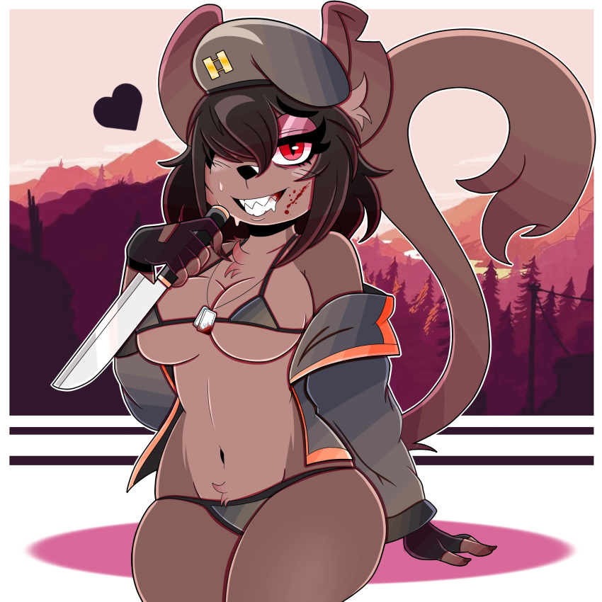 &lt;3 1:1 2023 absurd_res anthro arm_tuft azalea_(wireless_shiba) beret big_breasts bikini black_hair blood blush bodily_fluids breasts chest_tuft clothed clothing digital_media_(artwork) dog_tags elbow_tuft eyebrow_through_hair eyebrows eyelashes felid female forest forest_background fur gloves hair handwear hat headgear headwear hi_res inner_ear_fluff jacket knife looking_at_viewer mammal nature nature_background navel notched_ear pantherine plant pubes red_eyes short_hair smile solo sweat swimwear tail teeth thick_thighs topwear translucent translucent_hair tree tuft wireless_shiba
