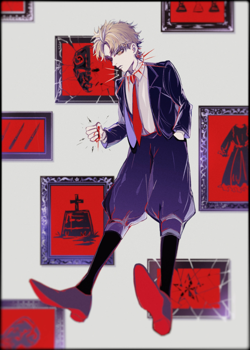 1boy black_footwear black_jacket black_pants black_socks blonde_hair blood blood_on_hands blurry blurry_background broken closed_mouth collared_shirt colored_shoe_soles crack cross crushing dio_brando dress full_body grave hand_in_pocket highres jacket jojo_no_kimyou_na_bouken knife lapels long_sleeves male_focus mizudama necktie notched_lapels open_clothes open_jacket pants phantom_blood picture_frame puffy_pants red_necktie shards shirt shoes short_hair simple_background socks solo star_(symbol) stone_mask_(jojo) tombstone white_background white_shirt wing_collar yellow_eyes