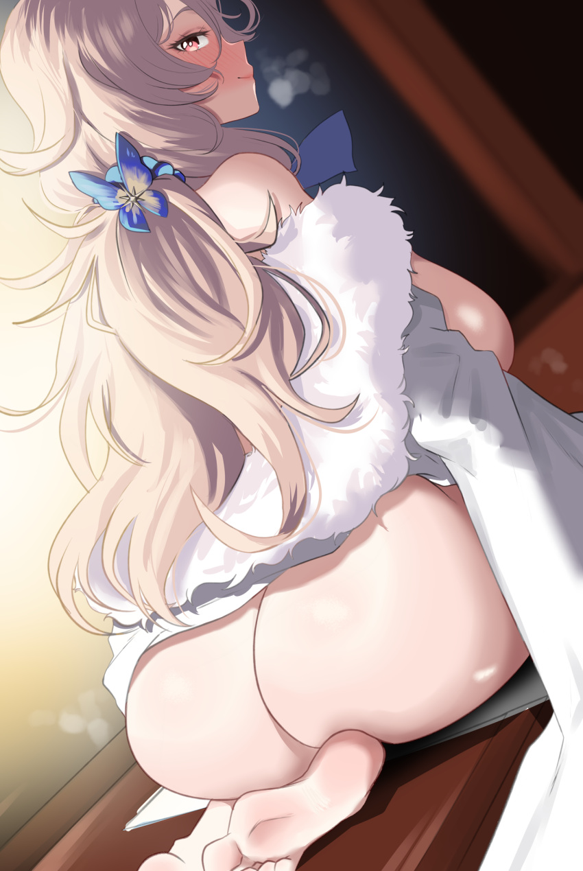 1girl ass ass_focus barefoot blue_butterfly blush breasts breath bug butterfly feet from_behind fur_trim goddess_of_victory:_nikke heavy_breathing highres huge_ass huge_breasts long_hair looking_at_viewer looking_back lower_body ludmilla_(nikke) ludmilla_(winter_owner)_(nikke) redi_(rasec_asdjh) smile soles solo toes