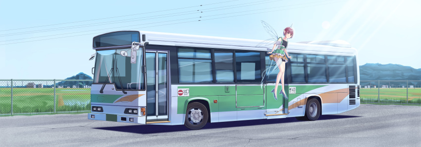 1girl absurdres blue_sky bob_cut brown_hair bus chain-link_fence closed_mouth collarbone commentary_request fairy_wings fence grey_footwear high_heels highres motor_vehicle mountainous_horizon no_entry_sign original outdoors png_pant_(bus) pointy_ears red_eyes road road_sign second-party_source sign skirt sky smile solo vehicle_focus wide_shot wings yellow_skirt