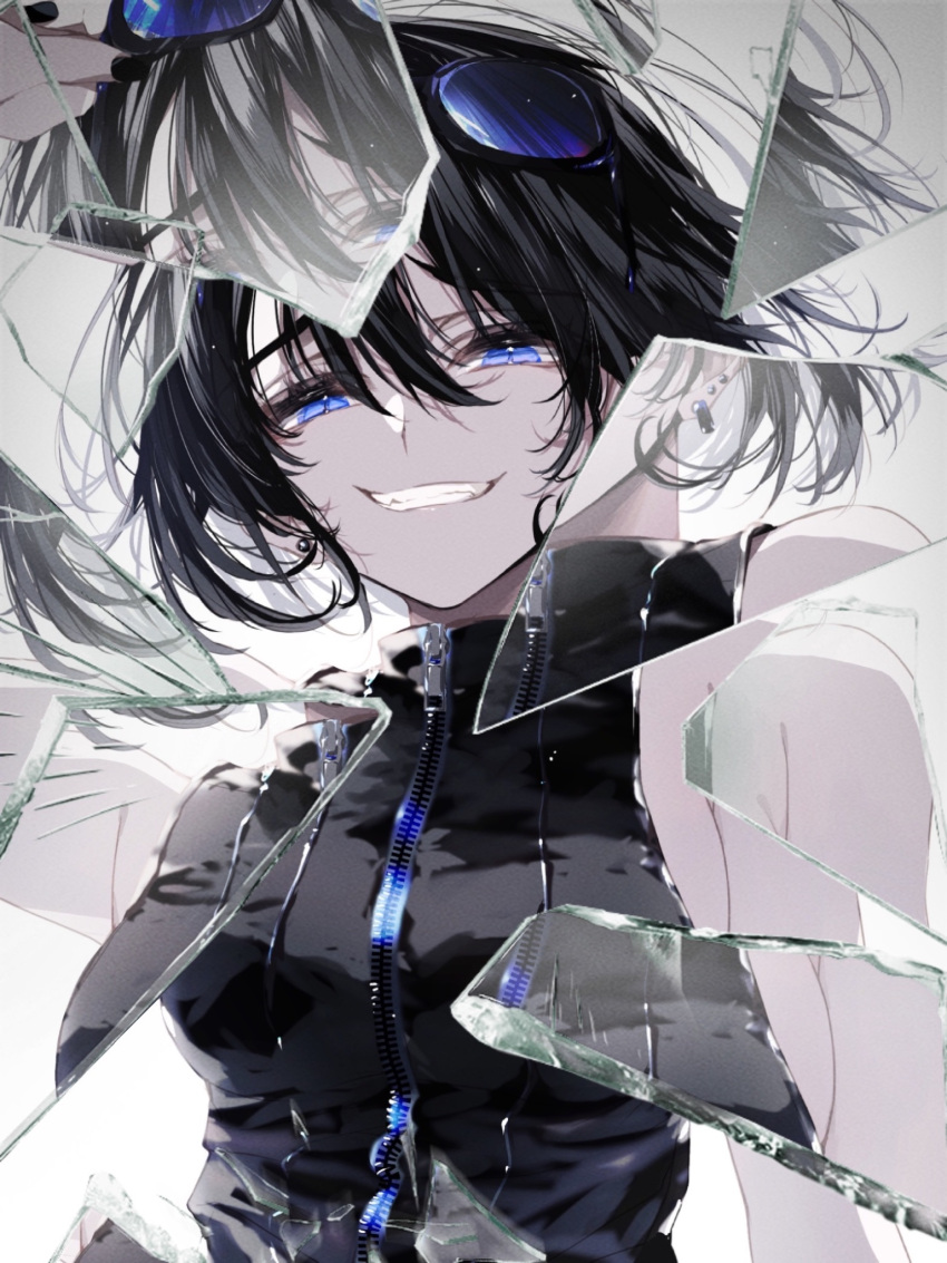 1girl bare_shoulders black_hair black_nails blue_eyes earrings glass highres jewelry misteor original short_hair smile solo sunglasses teeth zipper