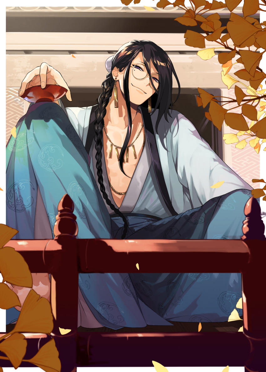 1boy absurdres black_hair braid branch bun_cover commission cup earrings fence ginkgo_leaf glasses hair_between_eyes hair_over_shoulder hakama head_tilt highres holding holding_cup japanese_clothes jewelry kimono knee_up leaf long_hair male_focus mole mole_under_eye necklace open_clothes open_kimono original ororooops outdoors purple_eyes round_eyewear sakazuki sitting skeb_commission smile solo