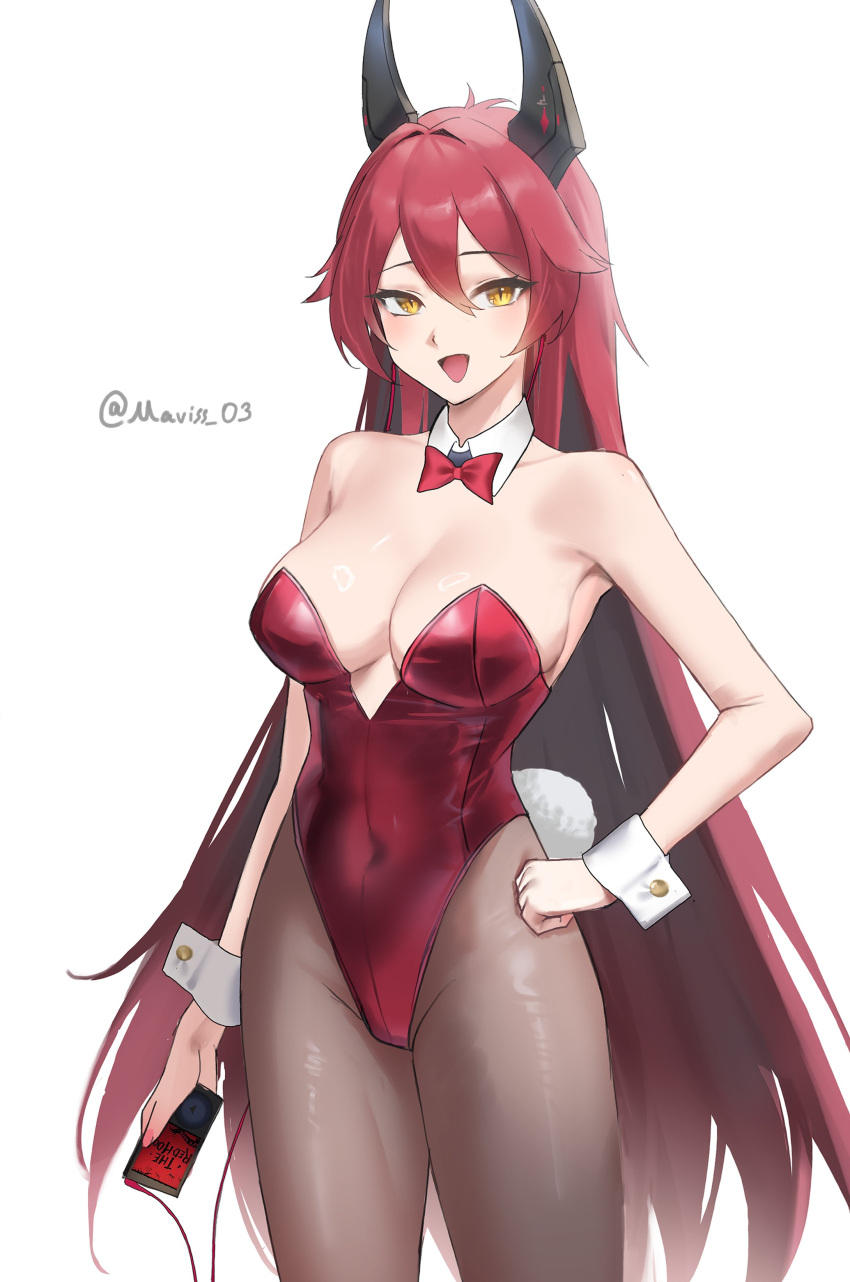 1girl absurdres bare_shoulders bow earbuds earphones goddess_of_victory:_nikke highres holding holding_phone horns long_hair maviss_03 nail_polish open_mouth phone playboy_bunny red_bow red_hair red_hood_(nikke) simple_background smile solo twitter_username white_background