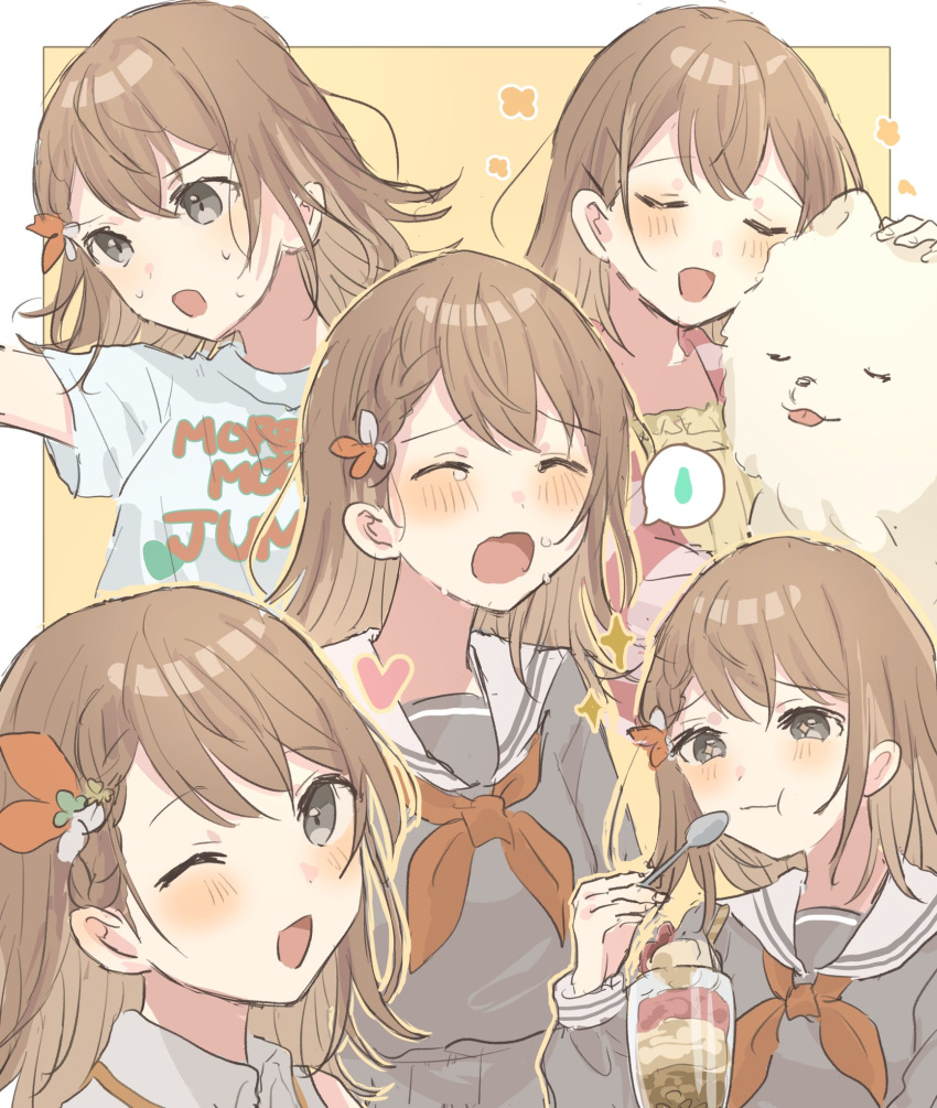 1girl :d border braid brown_hair dog eating grey_eyes grey_shirt hanasato_minori highres holding holding_spoon long_sleeves looking_at_viewer medium_hair multiple_views neckerchief open_mouth orange_neckerchief parfait print_shirt project_sekai sailor_collar seijyohu shirt simple_background smile spoon white_border white_sailor_collar white_shirt yellow_background