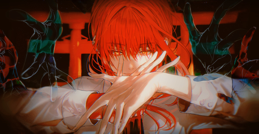 1girl absurdres black_necktie blood blood_drip blood_on_hands chainsaw_man eyelashes highres looking_ahead makima_(chainsaw_man) necktie own_hands_together palms_together red_hair ringed_eyes shirt siyrgr solo torii upper_body white_shirt
