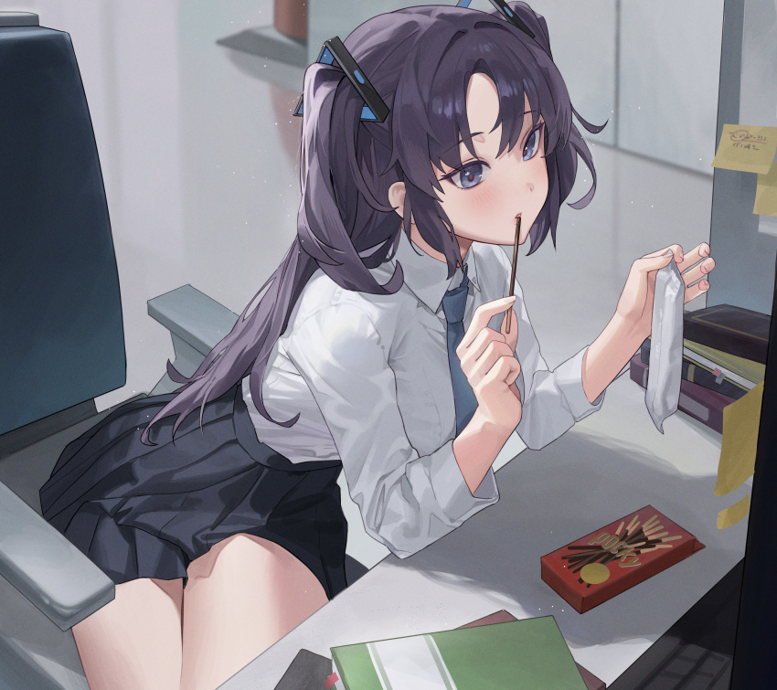 1girl absurdres black_skirt blue_archive blush breasts chair commentary_request dance_arm eating food halo highres holding holding_food holding_pocky indoors long_hair long_sleeves necktie office office_chair on_chair parted_lips pocky purple_eyes purple_hair shirt sitting skirt solo sticky_note swivel_chair two_side_up yuuka_(blue_archive)
