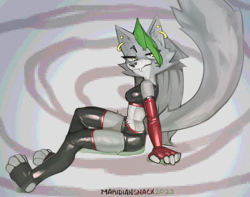 2023 abstract_background arm_support armwear artist_name black_nose bottomwear breasts canid canine canis clothing dated digital_media_(artwork) ear_piercing ear_ring fangs feet five_nights_at_freddy's five_nights_at_freddy's:_security_breach fur green_highlights grey_body grey_fur grey_hair hair highlights_(coloring) latex latex_armwear latex_clothing latex_legwear legwear long_hair long_tail mammal maridiansnack narrowed_eyes paws piercing ring_piercing scottgames sitting steel_wool_studios tail teeth topwear wolf yellow_eyes