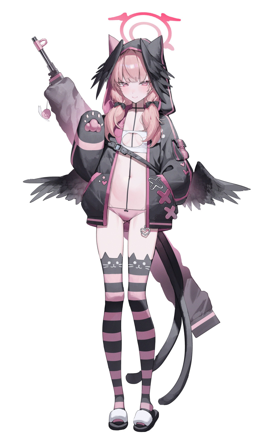 1girl absurdres alternate_costume black_jacket black_wings blue_archive blush closed_mouth feathered_wings flat_chest full_body g5_(g5_gugu) head_wings highres hood hood_up hooded_jacket jacket koharu_(blue_archive) long_hair long_sleeves open_clothes open_jacket panties pink_eyes pink_hair pink_panties simple_background slippers solo striped striped_thighhighs thighhighs twintails underwear white_background wings