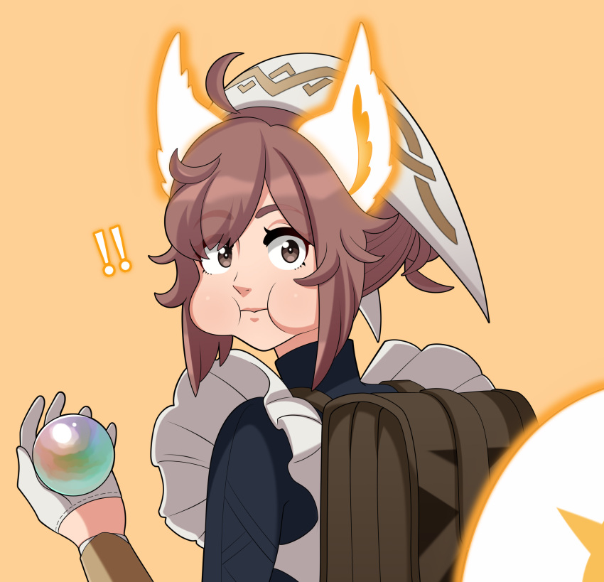 1girl absurdres animal_ears ankle_boots apron boots brown_hair cowlick deebyfeeby fire_emblem fire_emblem_heroes frilled_apron frills glowing_ears glowing_tail highres holding_orb looking_at_viewer looking_back ratatoskr_(fire_emblem) squirrel_ears squirrel_girl squirrel_tail tail