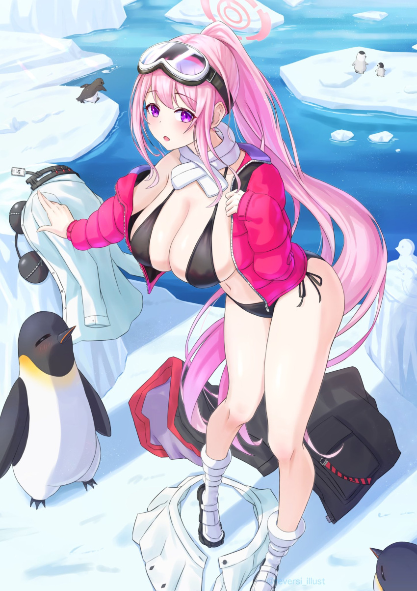 1girl bare_legs bikini bird black_bikini blue_archive boots breasts character_request commentary_request highres large_breasts long_hair looking_at_viewer navel open_mouth othello_katze penguin pink_hair ponytail purple_eyes sidelocks solo standing stomach swimsuit thighs very_long_hair water white_footwear