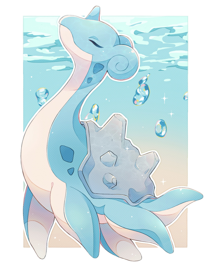 26tumugi air_bubble border bubble closed_eyes closed_mouth commentary_request from_side full_body highres horns lapras no_humans pokemon pokemon_(creature) single_horn solo sparkle white_border