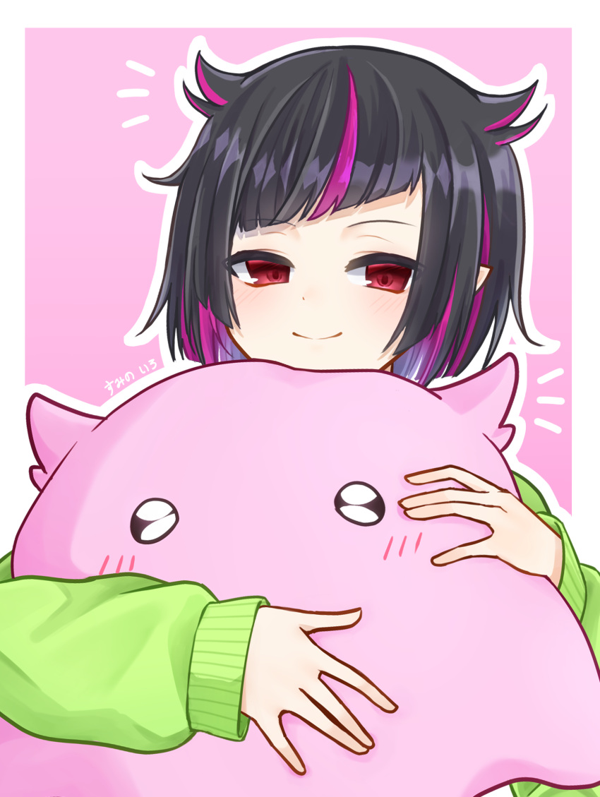 1boy animal_hug black_hair blush border closed_mouth commentary_request diagonal_bangs green_sweater highres lilia_vanrouge long_sleeves looking_at_viewer male_focus multicolored_hair notice_lines outline outside_border pink_background pink_hair pointy_ears red_eyes short_hair sidelocks simple_background sleeves_past_wrists smile solo streaked_hair sumino_iro sweater twisted_wonderland umbrella_octopus upper_body white_border white_outline