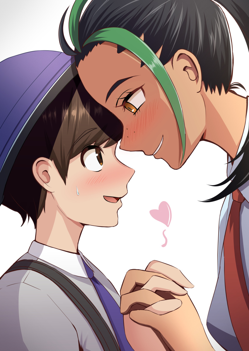 1boy 1girl absurdres black_hair blush brown_eyes brown_hair collared_shirt commentary_request commission eye_contact florian_(pokemon) freckles from_side green_hair grey_shirt hand_up hat heart height_difference hetero highres holding_hands looking_at_another michinoku_(hfsa3775) multicolored_hair necktie nemona_(pokemon) open_mouth orange_necktie parted_lips pixiv_commission pokemon pokemon_sv ponytail purple_headwear purple_necktie school_uniform shirt short_hair simple_background smile strap sweatdrop two-tone_hair upper_body white_background