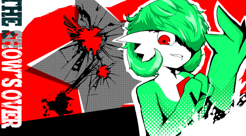 1girl bob_cut broken colored_skin commentary_request dragonite english_text flat_chest gardevoir green_hair green_skin grin hair_over_one_eye hands_up happy kanimiso_na_double looking_at_viewer messy_hair multicolored_skin one_eye_covered outline persona persona_5 pokemon pokemon_(creature) red_background red_eyes short_hair silhouette smile solo_focus star_(symbol) teeth two-tone_skin upper_body white_outline white_skin wide-eyed