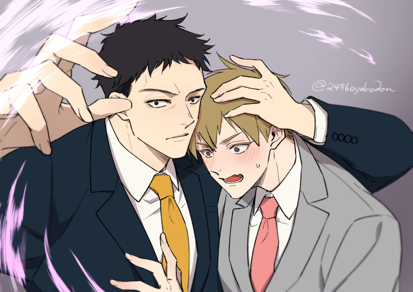 2496oyakodon 2boys black_hair black_jacket black_suit blonde_hair blue_eyes casting_spell closed_mouth collared_shirt couple energy glaring grey_background grey_jacket grey_suit hand_on_another's_chest hand_on_another's_head head_on_another's_shoulder highres jacket magic male_focus mob_psycho_100 multiple_boys necktie open_mouth protecting red_necktie reigen_arataka serizawa_katsuya shirt short_hair side-by-side simple_background suit sweatdrop upper_body white_shirt yaoi yellow_necktie