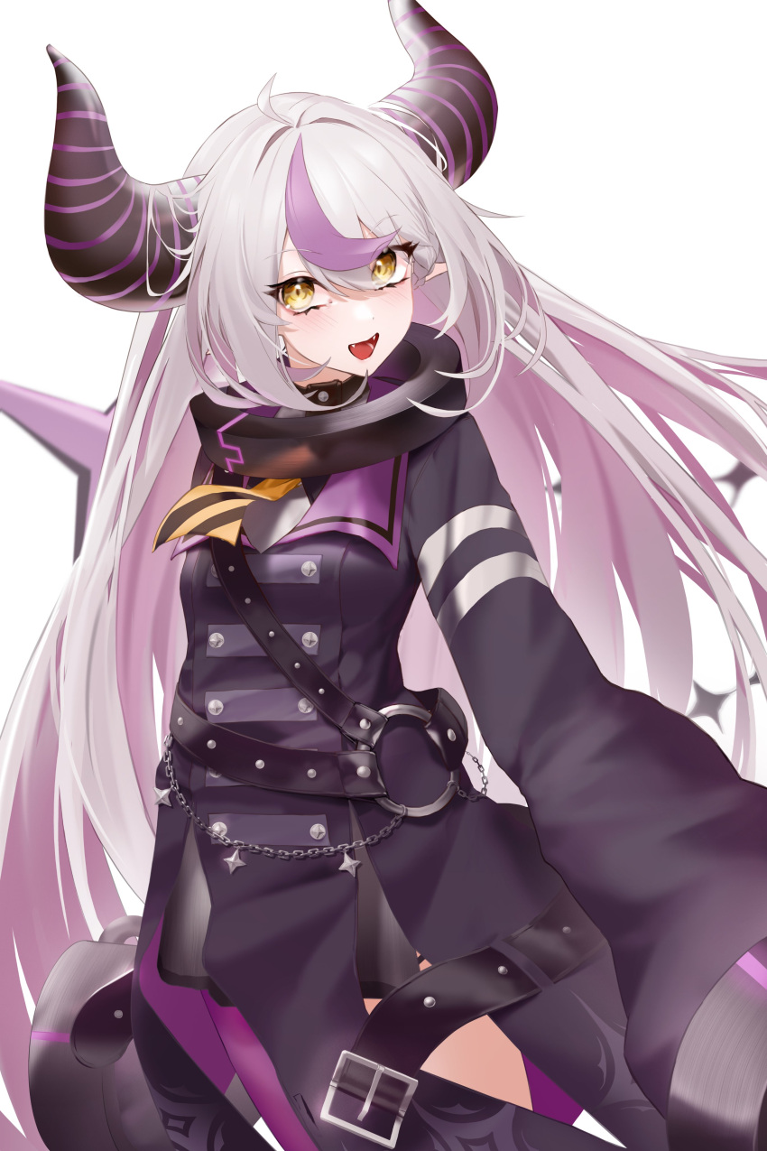 1girl absurdres ahoge black_coat black_horns braid braided_bangs breasts buttons coat coat_dress collar commentary demon_horns double-breasted grey_hair hair_between_eyes highres hololive horns la+_darknesss la+_darknesss_(1st_costume) light_blush long_hair long_sleeves looking_at_viewer metal_collar multicolored_hair neckerchief open_mouth pointy_ears purple_hair simple_background single_braid sleeves_past_fingers sleeves_past_wrists small_breasts solo streaked_hair striped_horns tail tongue very_long_hair virtual_youtuber wanne white_background yellow_eyes yellow_neckerchief