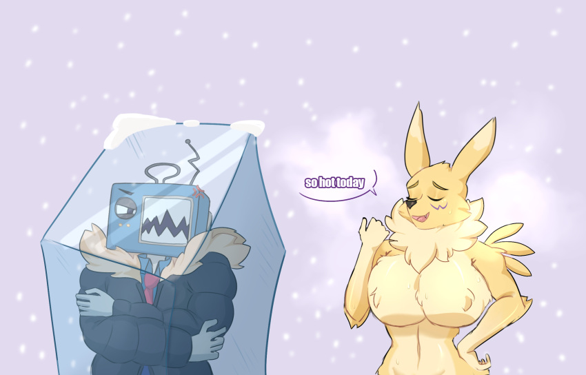 angry antenna_wire anthro arm_tuft bandai_namco broken_glass cheek_tuft clothing coat cold cross-popping_vein curvy_figure digimon digimon_(species) dipstick_ears duo elbow_tuft electronics facial_hair facial_tuft female fluffy for_a_head freezing fur glass grey_body hi_res hourglass_figure ice ice_cube kelnich looking_at_another male male/female multicolored_body multicolored_ears naturally_censored neck_tuft necktie nipple_tuft object_head puffer_jacket red_necktie renamon screen screen_face screen_head snow snowflake speech_bubble television topwear tuft tv_head two_tone_body vitpla yellow_body yellow_fur