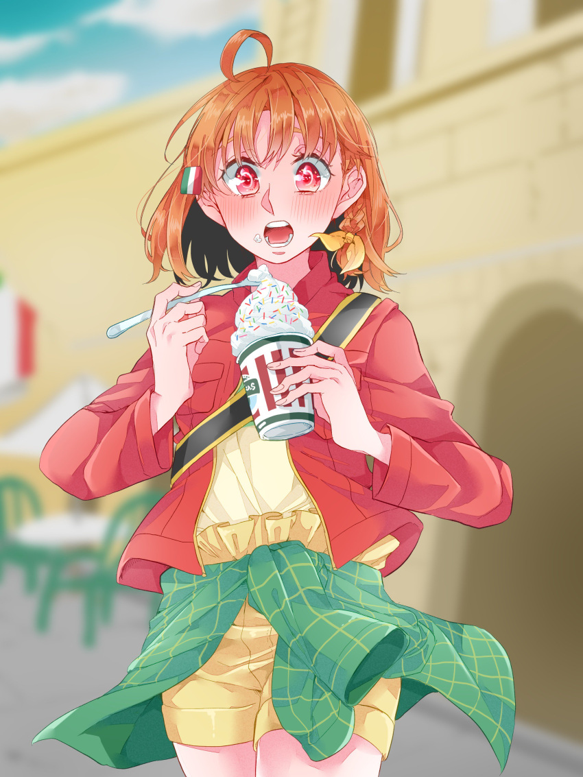 1girl absurdres ahoge blurry blurry_background blush bow braid cardigan cardigan_around_waist clothes_around_waist commentary_request cowboy_shot flag_hair_ornament food food_on_face green_cardigan hair_bow highres holding holding_food holding_ice_cream ice_cream ice_cream_on_face ice_cream_spoon jacket kashikaze looking_at_viewer love_live! love_live!_sunshine!! medium_hair open_clothes open_jacket open_mouth orange_hair outdoors red_eyes red_jacket shirt shorts side_braid solo spoon takami_chika teeth yellow_bow yellow_shirt yellow_shorts