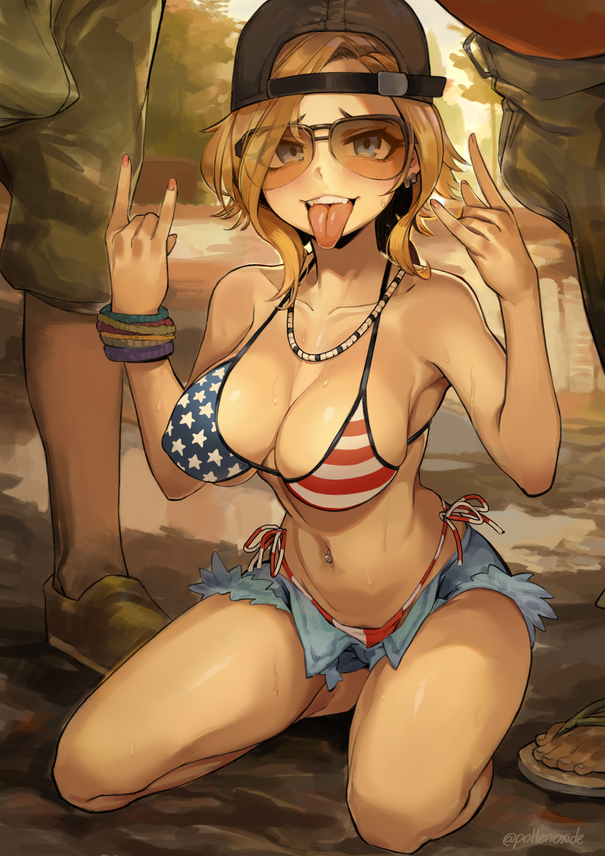 1girl 2boys \m/ absurdres american_flag_bikini bikini black_headwear blonde_hair blue_eyes breasts bulge commentary double_\m/ english_commentary erection erection_under_clothes flag_print grand_theft_auto grand_theft_auto_vi hat highres jewelry large_breasts looking_at_viewer multiple_boys navel navel_piercing necklace piercing pollenoxide redneck_girl_(gta_vi) short_hair sitting striped striped_bikini sunglasses swimsuit teeth tongue tongue_out twitter_username upper_teeth_only wariza