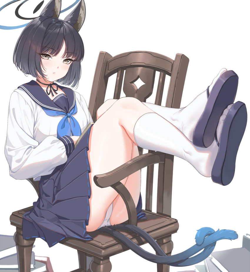 1girl :/ animal_ears black_hair black_ribbon blue_archive blue_halo blue_neckerchief blue_sailor_collar blue_skirt book book_stack cat_ears cat_girl cat_tail chair closed_mouth commentary_request fangxiang_cuoluan grey_eyes halo highres kikyou_(blue_archive) kneehighs light_blush long_sleeves looking_at_viewer multiple_tails neck_ribbon neckerchief on_chair panties pleated_skirt ribbon sailor_collar sandals school_uniform shirt short_hair simple_background sitting_sideways skirt socks solo tail thighhighs toes two_tails underwear white_background white_panties white_shirt white_socks