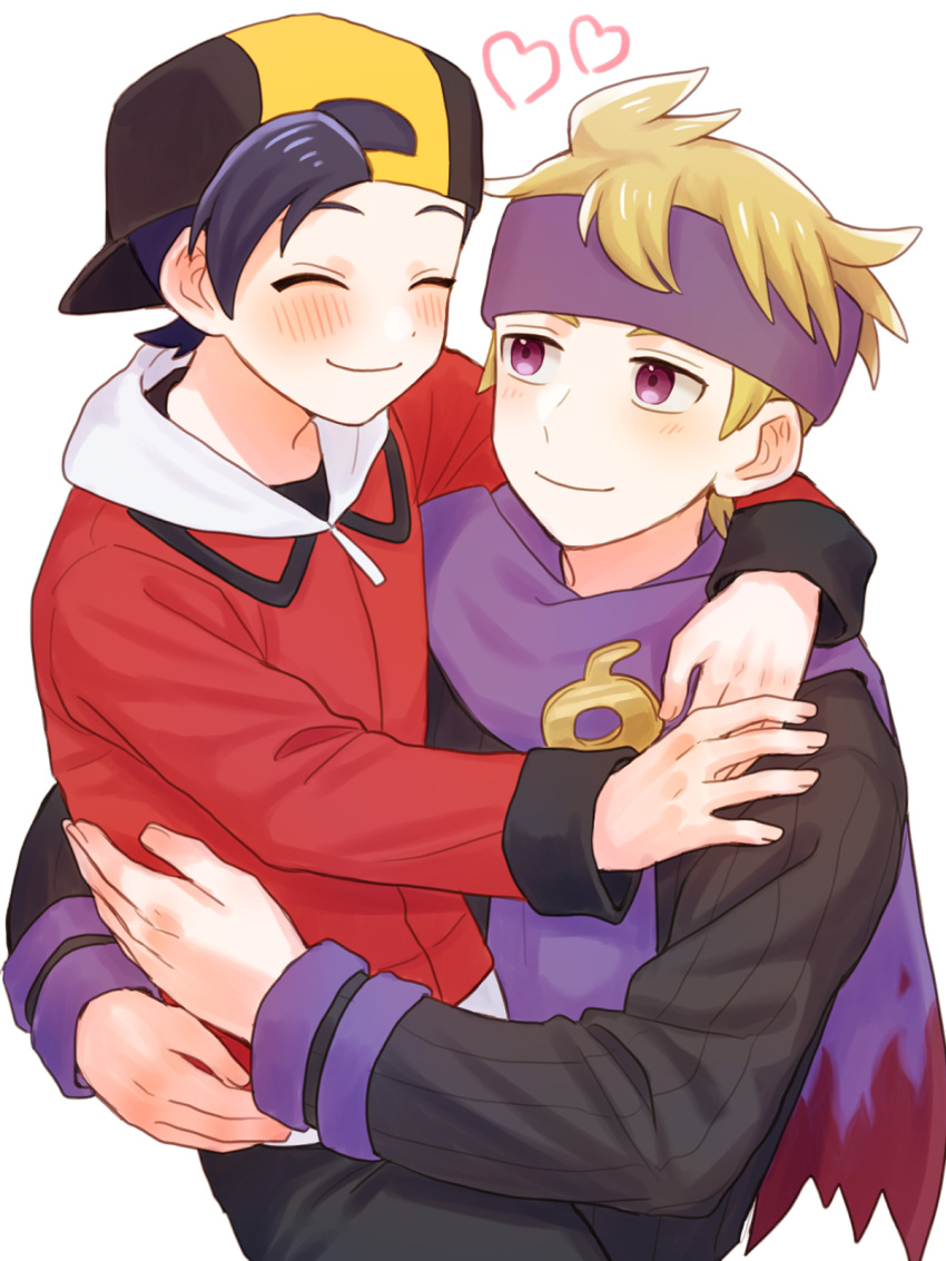 2boys black_headwear black_pants black_shirt blonde_hair blush carrying closed_mouth commentary_request ethan_(pokemon) hat headband heart highres jacket long_sleeves male_focus mochi_(mocchi_p_2m) morty_(pokemon) multiple_boys pants pokemon pokemon_hgss purple_eyes purple_headband purple_scarf red_jacket scarf shirt short_hair smile sweater white_background yaoi