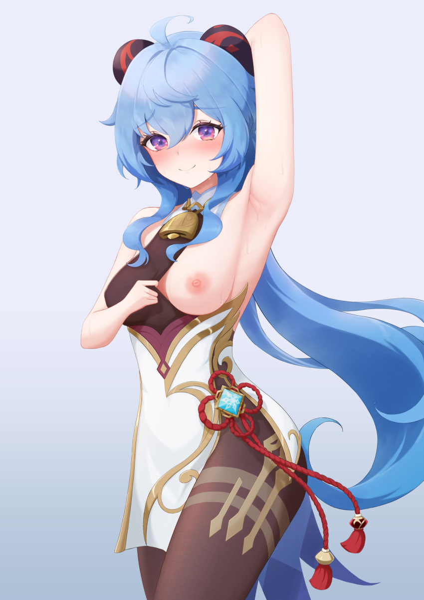 1girl ahoge arm_up armpits bare_arms bell blue_hair blush breasts brown_pantyhose chinese_knot clothes_pull commentary flower_knot ganyu_(genshin_impact) genshin_impact gold_trim highres horns long_hair looking_at_viewer low_ponytail medium_breasts neck_bell nipples no_gloves nose_blush one_breast_out pantyhose purple_eyes sidelocks sleeveless smile snowowl987 solo standing sweat tassel thighlet thighs vision_(genshin_impact)