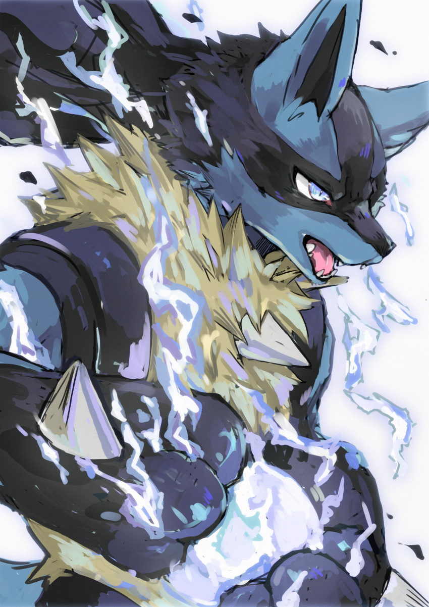 1other absurdres androgynous angry ao_gravity blue_fur body_fur casting_spell electricity energy energy_ball fangs fewer_digits from_side furrowed_brow furry furry_other highres looking_ahead lucario open_mouth pokemon pokemon_(creature) simple_background slit_pupils solo spikes upper_body white_background