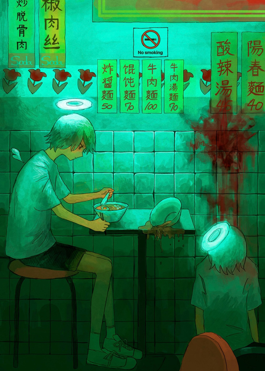2boys angel black_shorts blood blood_splatter bowl cafe chair closed_mouth commentary_request corpse eating expressionless flower food glowing halo highres holding holding_spoon indoors kojima_midoriko male_focus multiple_boys no_smoking noodles on_floor original profile ramen red_flower shirt shoes short_hair shorts sign sitting sneakers socks spill spoon stool table tile_wall tiles translation_request tulip white_hair white_halo white_shirt white_socks wings