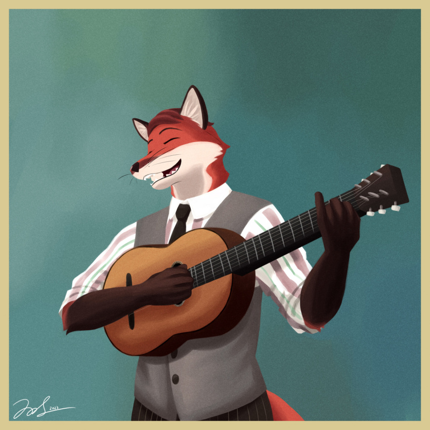 2023 5_fingers acoustic_guitar anthro border brown_arms brown_nose canid canine clothed clothing digital_media_(artwork) dress_pants echo_(series) echo_project eyes_closed fingers fox front_view guitar hair happy hi_res holding_guitar james_foster male mammal murdoch_byrnes musical_instrument necktie open_mouth pattern_clothing pattern_shirt pattern_topwear photo playing_guitar playing_music plucked_string_instrument red_fox red_hair shirt signature simple_background singing slim_male solo standing string_instrument striped_clothing striped_shirt striped_topwear stripes tail teeth the_smoke_room topwear vest whiskers