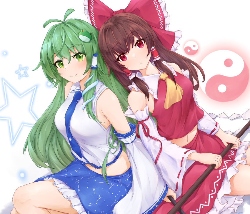 2girls absurdres ascot bare_shoulders blue_necktie blue_skirt blush bow breast_envy breasts brown_hair collared_shirt detached_sleeves frilled_skirt frills frog_hair_ornament frown green_eyes grey_hair hair_between_eyes hair_bow hair_ornament hair_tubes hakurei_reimu highres kochiya_sanae kyl490 long_hair medium_breasts midriff miniskirt multiple_girls navel necktie nontraditional_miko red_eyes red_shirt ribbon-trimmed_sleeves ribbon_trim shirt sitting skirt small_breasts smile snake_hair_ornament starry_background touhou very_long_hair white_shirt wide_sleeves yellow_ascot