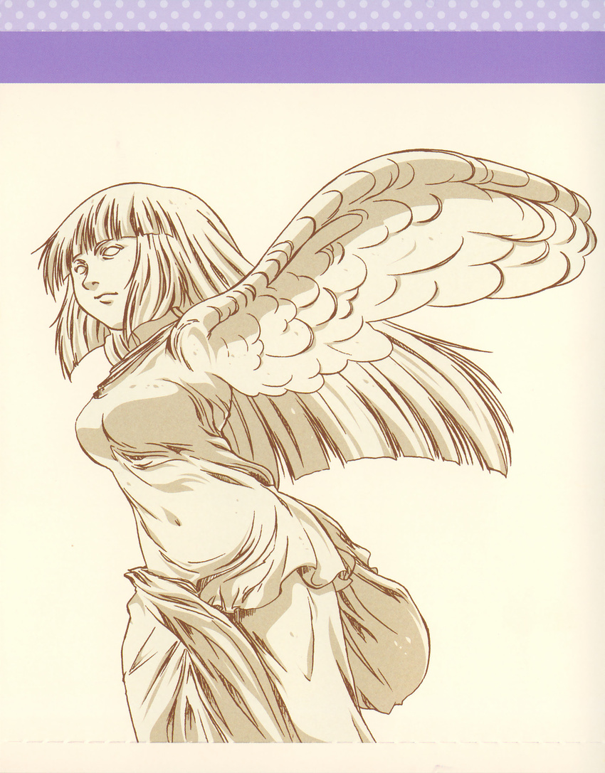 angel brown character_single hidamari_sketch highres long_hair monochrome non-web_source official_art scan sculpture sketch solo wings yoshinoya