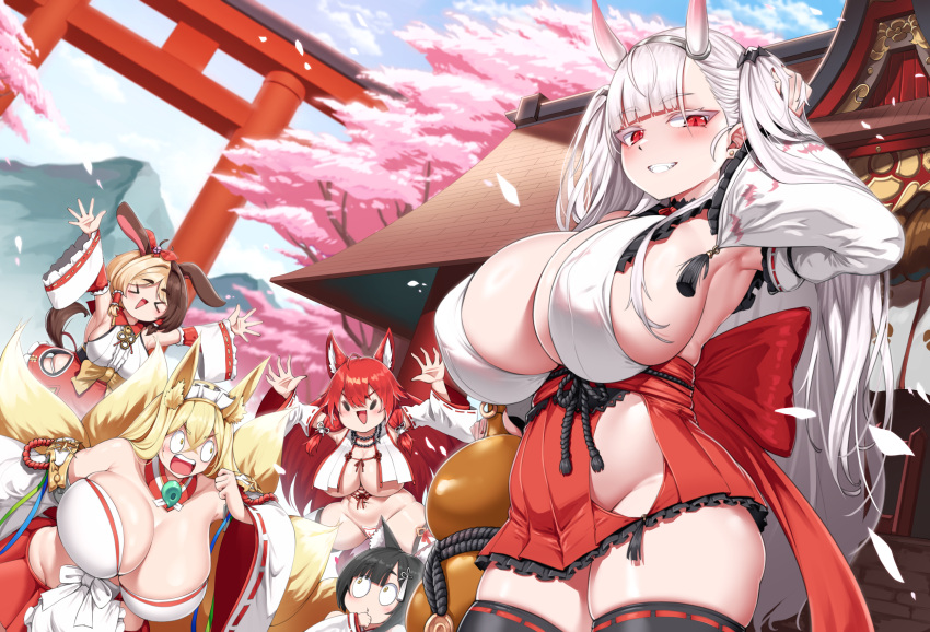animal_ear_fluff animal_ears blonde_hair blush breasts brown_hair character_request chibi cho!cho! cleavage covered_nipples cross cross_earrings curvy dog_ears dog_girl dog_tail draculina_(last_origin) earrings fangs fenrir_(last_origin) fox_ears fox_girl gigantic_breasts grin hachiko_of_castling hair_between_eyes highres hirume_of_heavenly_incense horns huge_breasts jewelry kitsune kyuubi last_origin long_hair looking_at_viewer multicolored_hair multiple_girls multiple_tails open_mouth plump pointy_ears red_eyes smile tail thick_thighs thighhighs thighs two-tone_hair vampire very_long_hair white_hair