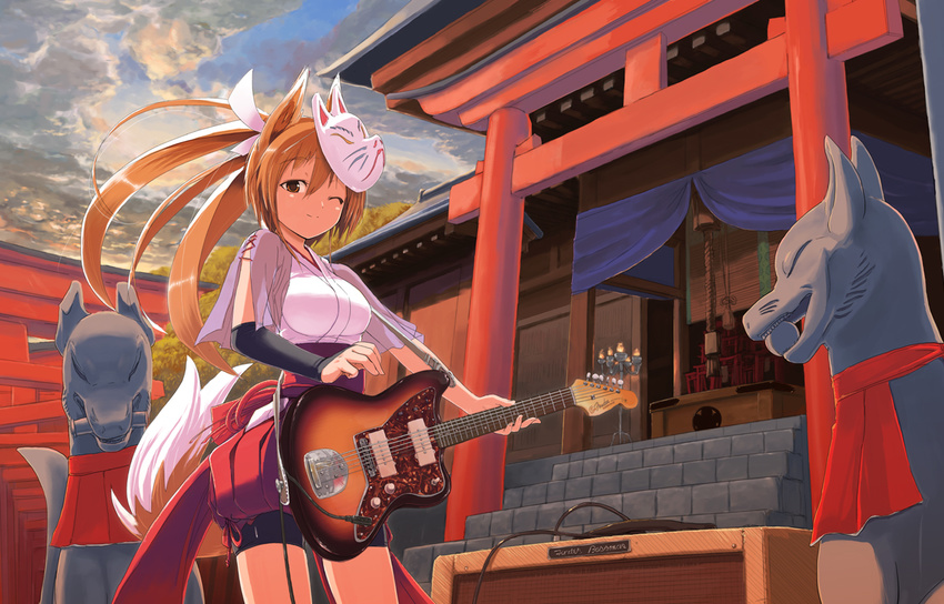 amplifier animal_ears bad_id bad_pixiv_id bike_shorts box brown_hair cloud cloudy_sky donation_box fox_ears fox_mask fox_tail guitar hair_ribbon inari instrument japanese_clothes kimono kurobuta_gekkan long_hair mask multiple_torii one_eye_closed original plant ponytail ribbon shrine shrine_bell sky smile solo statue sunset tail torii yukata